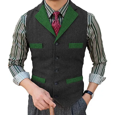 Men's Tweed Vest Vintage Wool Herringbone Grooms Wedding Vests M Large XL XXL • $22.94