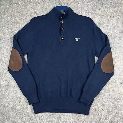 GANT Jumper Mens Medium Lambswool Elbow Patch Button Neck Sweater Wool Navy • £22.99