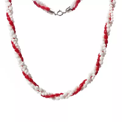 Vintage 3 Strand Necklace Czech White Round Rondelle Red Triangle Glass Beads • $26