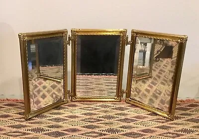 Antique Tri-Fold Travel Vanity Beveled Mirror Brass Hanging Or Standing  • $40