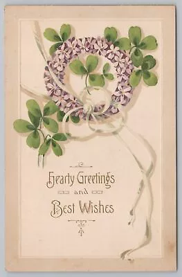 Greetings~Purple Flowers & Clovers Hearty Greetings Best Wishes~Vintage Postcard • $2.80
