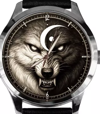 Vicious Symbolic Yin Yang Wolf Art Evil & More Evil Solid Brass Men's Watch • $151.61