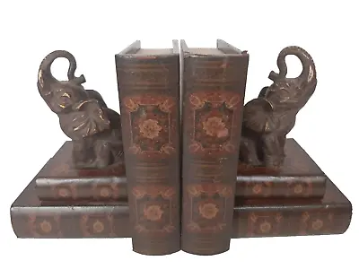 Pair Of Vintage Carved Wood Elephants On Books Bookends Antique Old World Style • $27.99