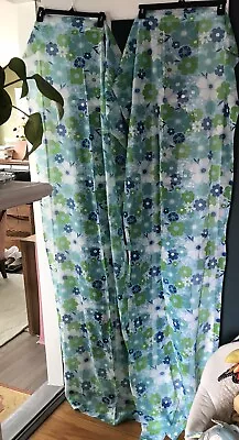 Retro 1960s 1970s Curtains Blue Flowers Psychedelic Kitschy 80” L Two Panels • $55