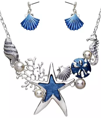 Starfish Sand Dollar Shell Seahorse Necklace And Earrings Set & Gift Box • $19.95