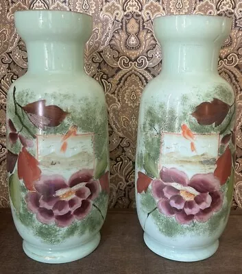 Bristol Glass Vase Pair Hand Painted Flowers 10” Tall Mint Green • $43