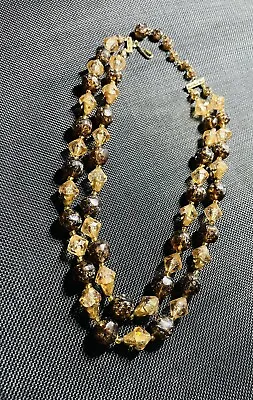 Coro Vintage 2 Strand Acrylic Lucite Beads Browns Gold Plate Necklace 15” • $16.95