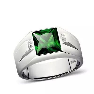 14K White Gold Emerald Men's Ring 0.08ct Natural Diamonds Ring For Man • $899