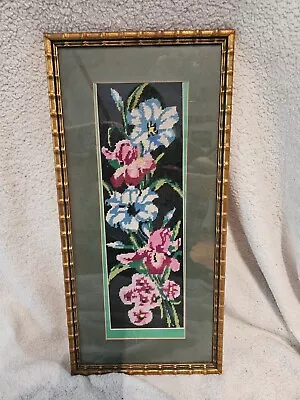 Vtg Needlepoint Floral Iris Bamboo Style Framed 10X 20 1/2in - READ • $29.99