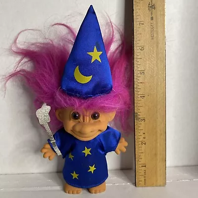 Vtg 90s Russ My Lucky Wizard W/ Wand And Hat 4  Troll Doll Fuchsia Hair Magician • $18