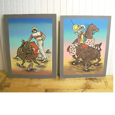 Vintage Bullfighting Paintings Spanish Mexican Folk Art Unframed • $40