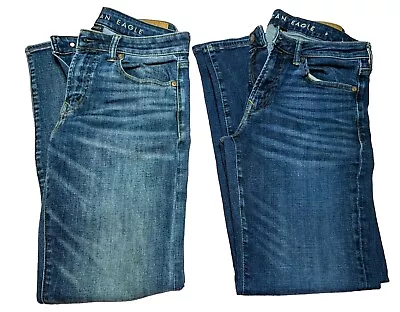 2 Pair Lot American Eagle Airflex+ Original Straight Denim Blue Jeans Mens 30×32 • $37.87