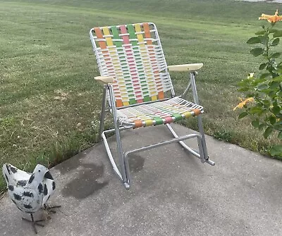 Vintage Aluminum Webbed Yellow Green Orange Folding Rocking Lawn Chair Beautiful • $89.95