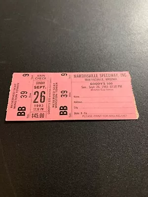 Nascar Ticket Martinsville Sept 26 1993 • $5