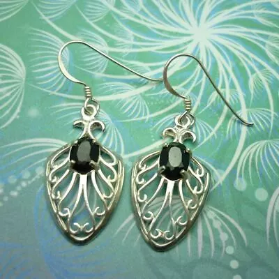 Vintage Sterling Silver Earrings - Black Onyx - Fan Feather Style - 925 Stamped • $16.84