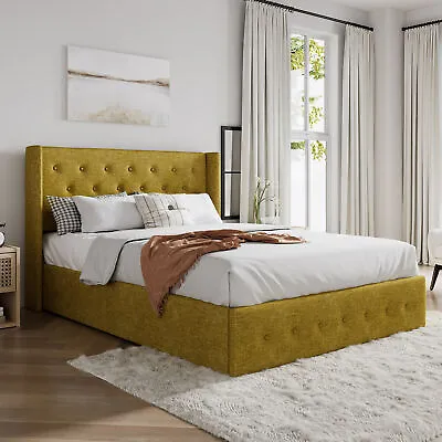 Lift Up Storage Platform Bed Frame/Button Tufted Wingback Headboard/Olive Yellow • $379.99