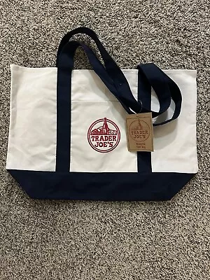 Trader Joe's Reusable Canvas Eco Tote Bag Heavy Duty Bag Blue White Brand NEW • $9.99