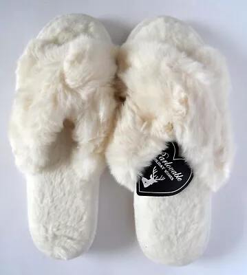 NEW Women's Cross Band Slippers Faux Rabbit Fur Soft Open Toe House Shoes 9-10 • $18