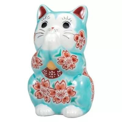 Maneki Neko Kutani Ware Porcelain  Pottery Lucky Cat Praying Sky Blue Japan 3.2 • $138.44