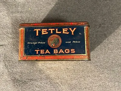 Vintage Tetley Tea Bags Tin W Elephant Orange Pekoe Hinged Lid 6 X 4 X 3 • $29.99