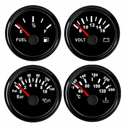 4 Gauge Set Fuel Gauge Temp Volt Meter Oil Pressure Black 52mm (2-1/16) US STOCK • $66.45