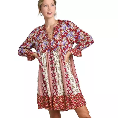 NWT Umgee Mixed Print Dress Women's Size M Ruffles Sangria Mix Floral NEW  • $33.60