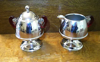 Vintage MCM Chrome Metal Creamer And Sugar Bowl W/ Red Translucent Handles • $34.99