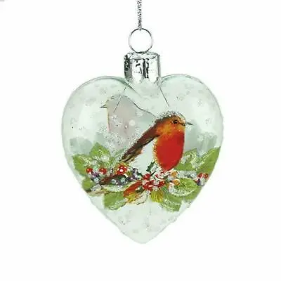 £6.99 • Buy Gisela Graham Clear Glass Heart With Robin Novelty Christmas Tree Decoration