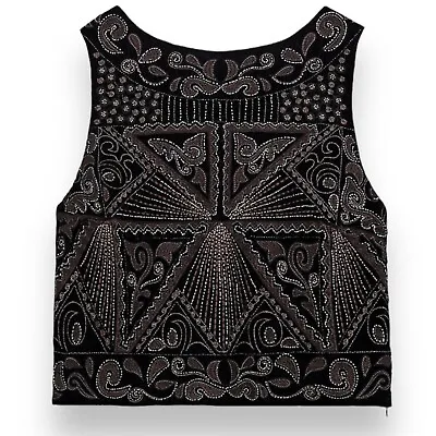 Zara Top WMNS XS Black Velvet Embroidered Beaded Crop Party New Years Open Back • $59.95