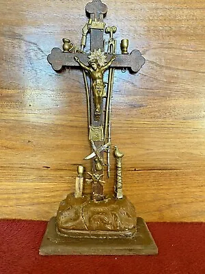 $199 • Buy Antique Altar Crucifix, Wooden Standing Cross, Corpus Arma Christi, Jesus 13 X6 