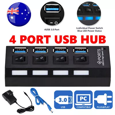 4in1 4 Port 3.0 Powered USB HUB High Speed Splitter Extender PC AC Adapter Cable • $15.95