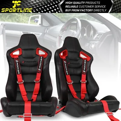 Universal Recline Racing Seat Red Bezel Dual Slider PU&Carbon & Cam-lock Belt X2 • $437.99