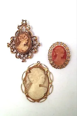 Vtg Lot Of 3: Carved Faux Shell Cameo Brooch Pins 1 Signed Hidden Heart • $15