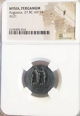 Mysia Pergamum Augustus & Distyle Temple AE NGC Fine Ancient Coin • $195