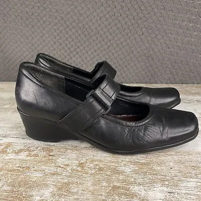 Clarks Black Leather Wedge Heels Mary Jane Cushion Soft Shoes UK 6.5 D EU 39.5 • £19.04