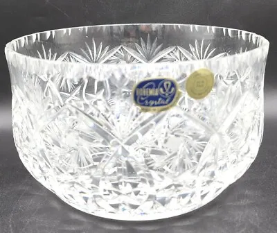 Bohemian Hand Cut Crystal Bowl Czech Republic 24% Marked W Or. Sticker Vtg... • $42.77