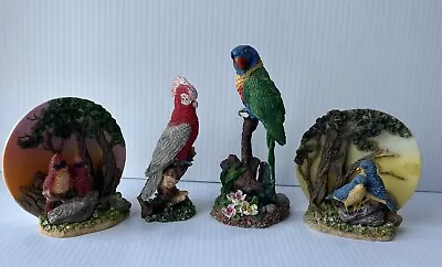 Vintage Bird Figurine Resin Lot 4 Parrot Bluebirds Cardinals 4 - 5 1/2  Tall M54 • $14.99