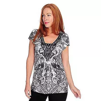 $24 • Buy NEW - One World Micro Jersey Short Sleeved V-Shaped Neck Lace Applique Top M