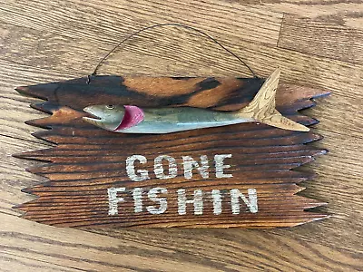 3D Handmade Wood Fish “Gone Fishin” Rustic Primitive Cabin Decor Wall Hanging • $14