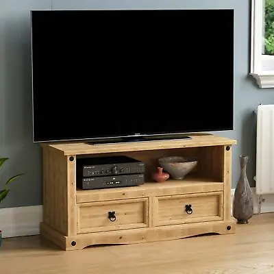 Corona Flat Screen TV Unit 2 Drawer Mexican Solid Pine Wood Waxed Rustic Finish • £76.99