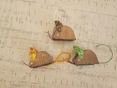 🐁(3) 2  Wooden Mice Refrigerator Magnets 70s Vintage Set Fabric Ears Handmade • $12.99