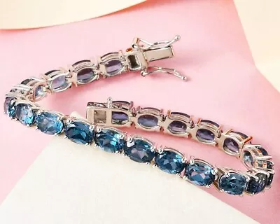 Oval 6X4MM Blue Topaz Tennis Bracelet Birthstone Jewelry Women Bracelet Gift For • $119.99