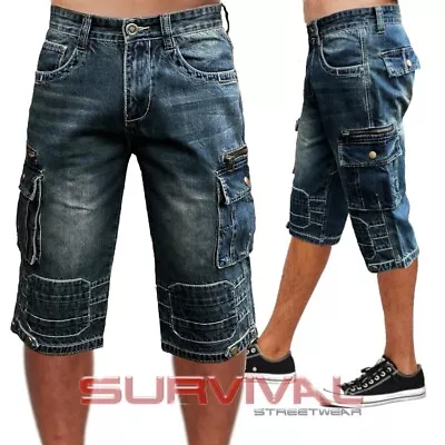 Mens NEW Cargo Denim Walk Shorts Blue Washed Jeans Sizes 28-32 Quality Casual • $45.01