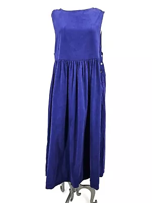 Vtg Laura Ashley Sleeveless Corduroy Dress Womens 12 Blue Cotton Maxi Pockets • $90