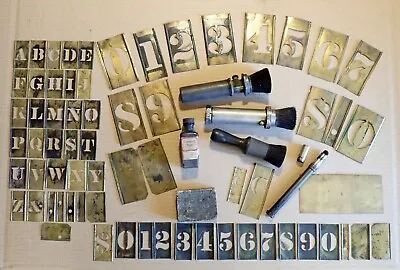 Vintage Lot BRASS STENCILS & STENCIL FOUNTAIN BRUSHES / MARKER Ink Bottle MARSH • $49