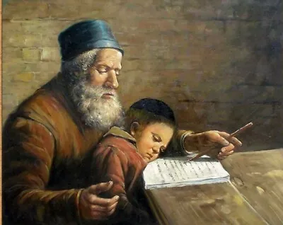 Handmade Jewish Israel Judaica Hebrew Art Oil Painting Rabbi And Sleepy Child • $75