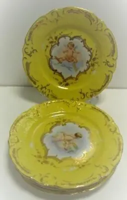 1891-1918 AUSTRIA CARLSBAD VICTORIA  4 PLATES Yellow Color LOTS Of GOLD CHERUBS • $19.99