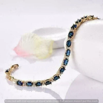 $195.29 • Buy 10Ct Oval Cut Blue Sapphire Diamond Tennis Bracelet Solid 14K Yellow Gold Finish