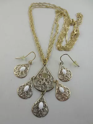 Vintage Filigree Goldtone White Cabochons Three Chain Pendant Necklace Earrings • $6.99