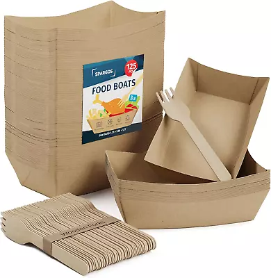 Food Boats (125 Pack) 3LB Brown Paper Food Trays Leakproof & Freezer Safe Cardbo • $33.50